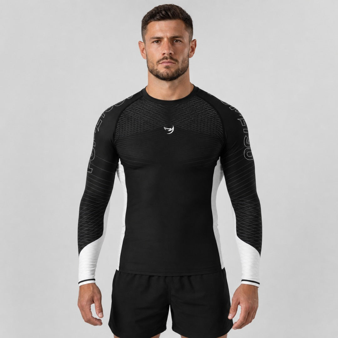 Fumetsu Competitor MK2 Long Sleeve Rash Guard Black/White Photoshoot 1