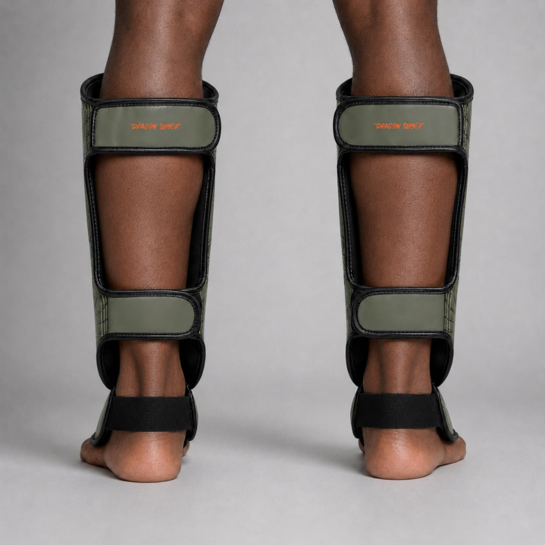 Fumetsu Dragon Slayer Shin Guards Khaki/Orange Photoshoot 2