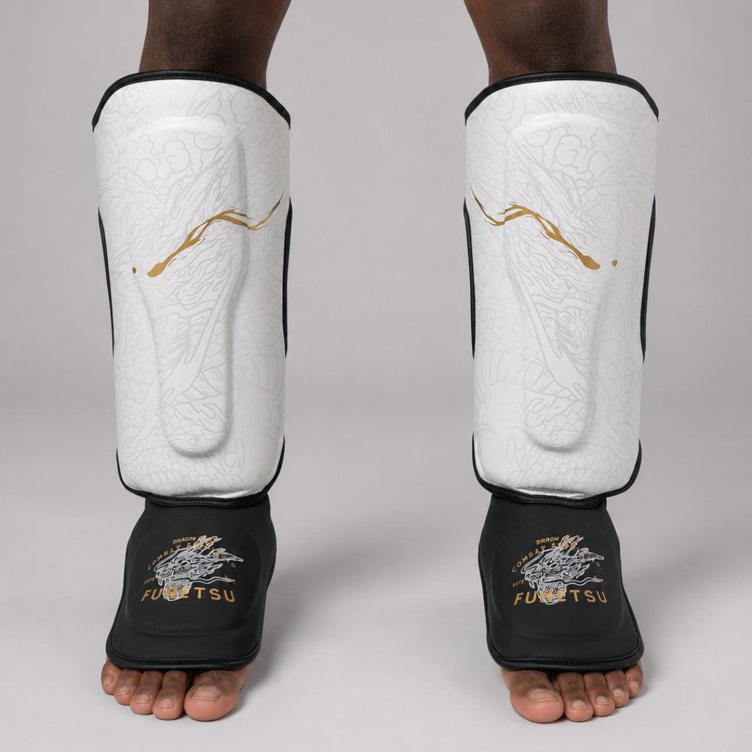 Fumetsu Dragon Slayer Shin Guards White/Black/Gold photoshoot 1