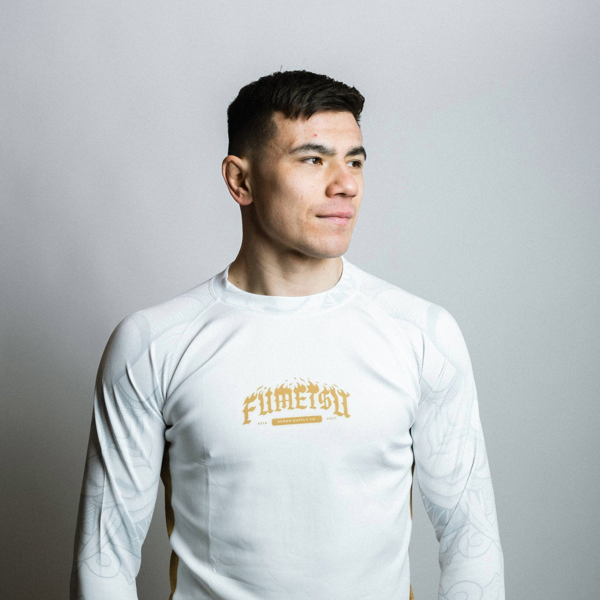 Fumetsu Oni Long Sleeve Rash Guard White/Gold/Grey
