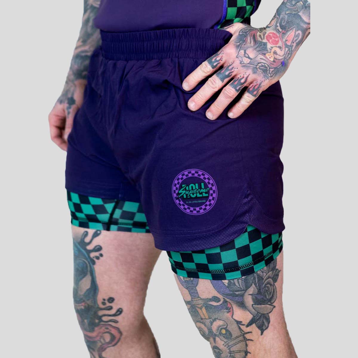 Roll Supreme The Finisher 2 in 1 Jiu Jitsu Shorts Purple/Green