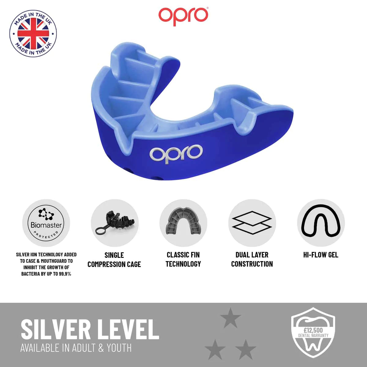 Opro Junior Silver Self-Fit Mouth Guard Red/Dark Blue