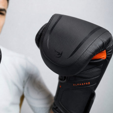Fumetsu Alpha Pro MK2 Boxing Gloves Black Photoshoot Close Up