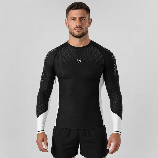 Fumetsu Competitor MK2 Long Sleeve Rash Guard Black/White Photoshoot 1