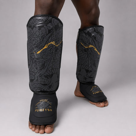 Fumetsu Dragon Slayer Shin Guards Black/Gold Photoshoot 1