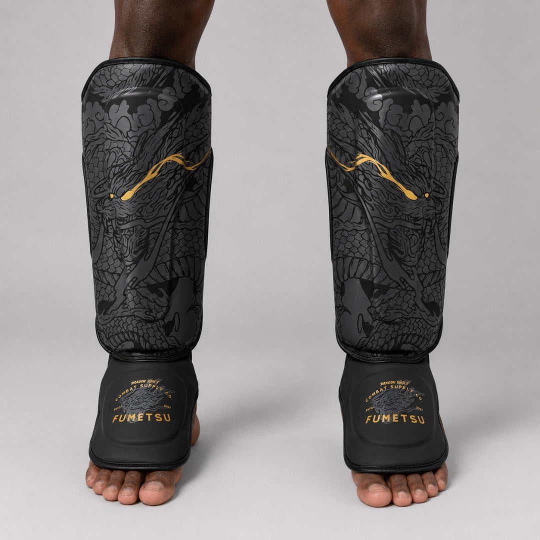 Fumetsu Dragon Slayer Shin Guards Black/Gold Photoshoot 2
