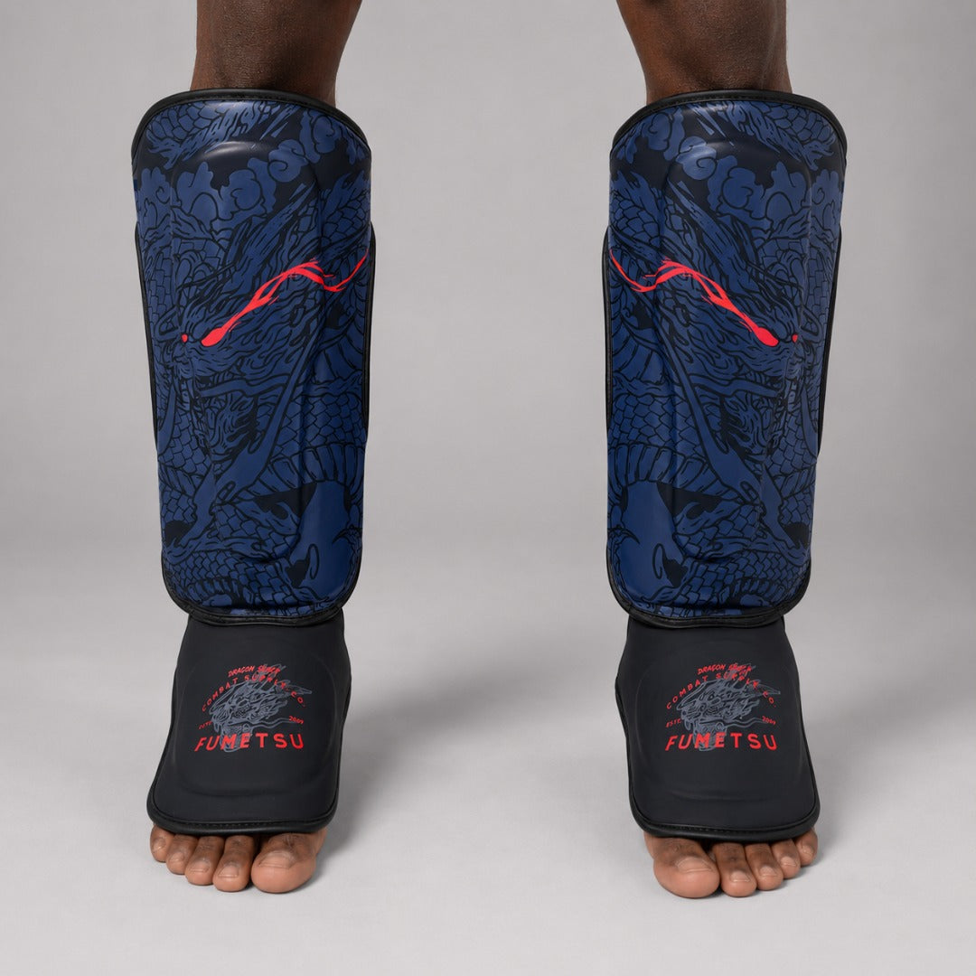 Fumetsu Dragon Slayer Shin Guards Blue/Black/Red Photoshoot 1