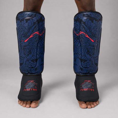 Fumetsu Dragon Slayer Shin Guards Blue/Black/Red Photoshoot 1