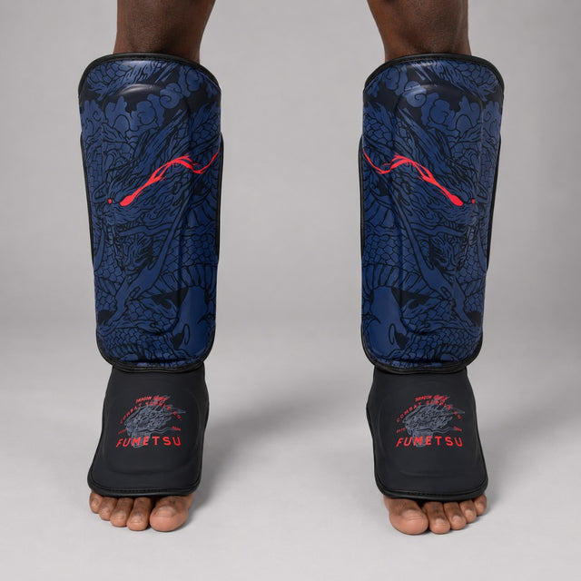 Fumetsu Dragon Slayer Shin Guards Blue/Black/Red Photoshoot 1