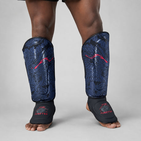 Fumetsu Dragon Slayer Shin Guards Blue/Black/Red Photoshoot 2