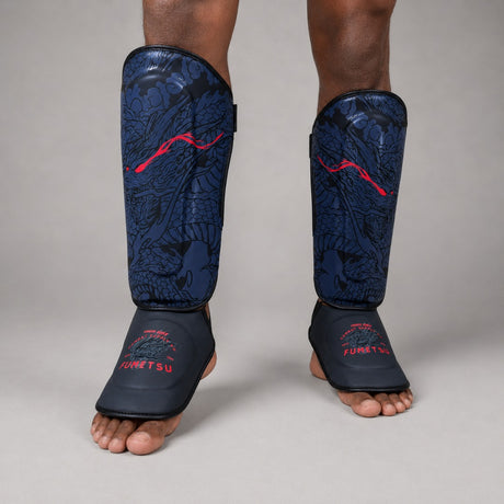 Fumetsu Dragon Slayer Shin Guards Blue/Black/Red Photoshoot 3