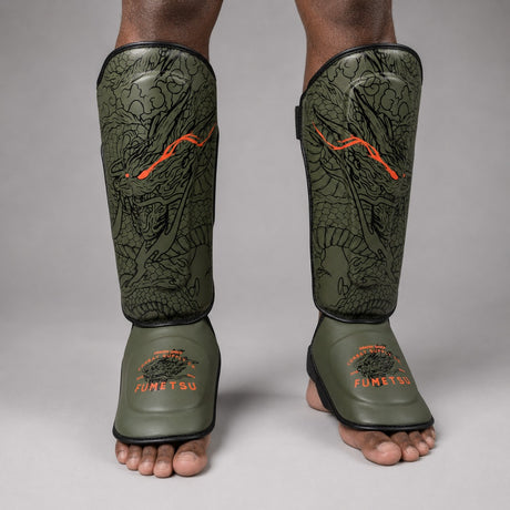 Fumetsu Dragon Slayer Shin Guards Khaki/Orange Photoshoot 1
