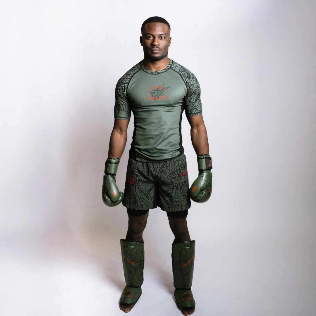 Fumetsu Dragon Slayer Shin Guards Khaki/Orange Photoshoot 6