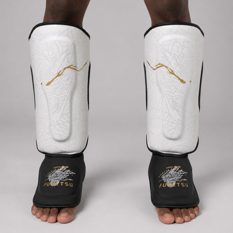 Fumetsu Dragon Slayer Shin Guards White/Black/Gold photoshoot 1