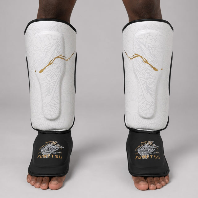Fumetsu Dragon Slayer Shin Guards White/Black/Gold photoshoot 1