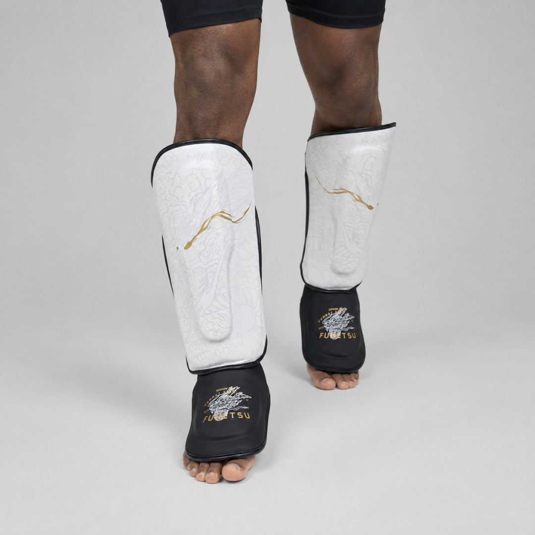 Fumetsu Dragon Slayer Shin Guards White/Black/Gold photoshoot 2