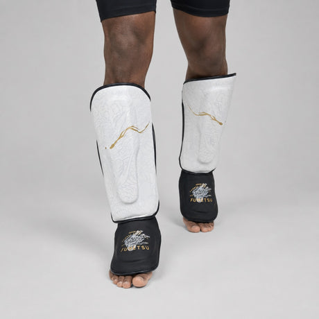 Fumetsu Dragon Slayer Shin Guards White/Black/Gold photoshoot 2