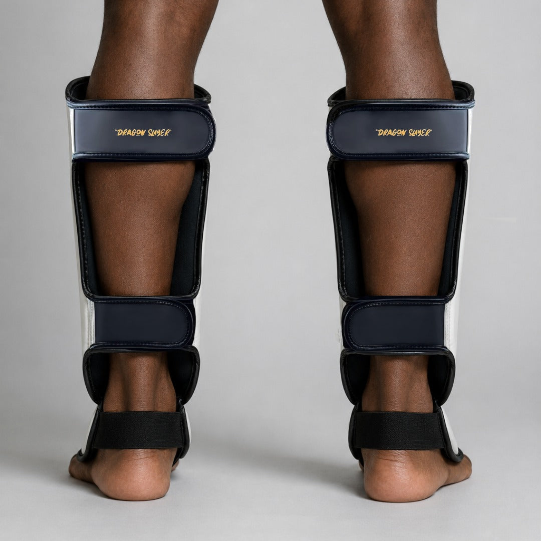 Fumetsu Dragon Slayer Shin Guards White/Black/Gold photoshoot 3