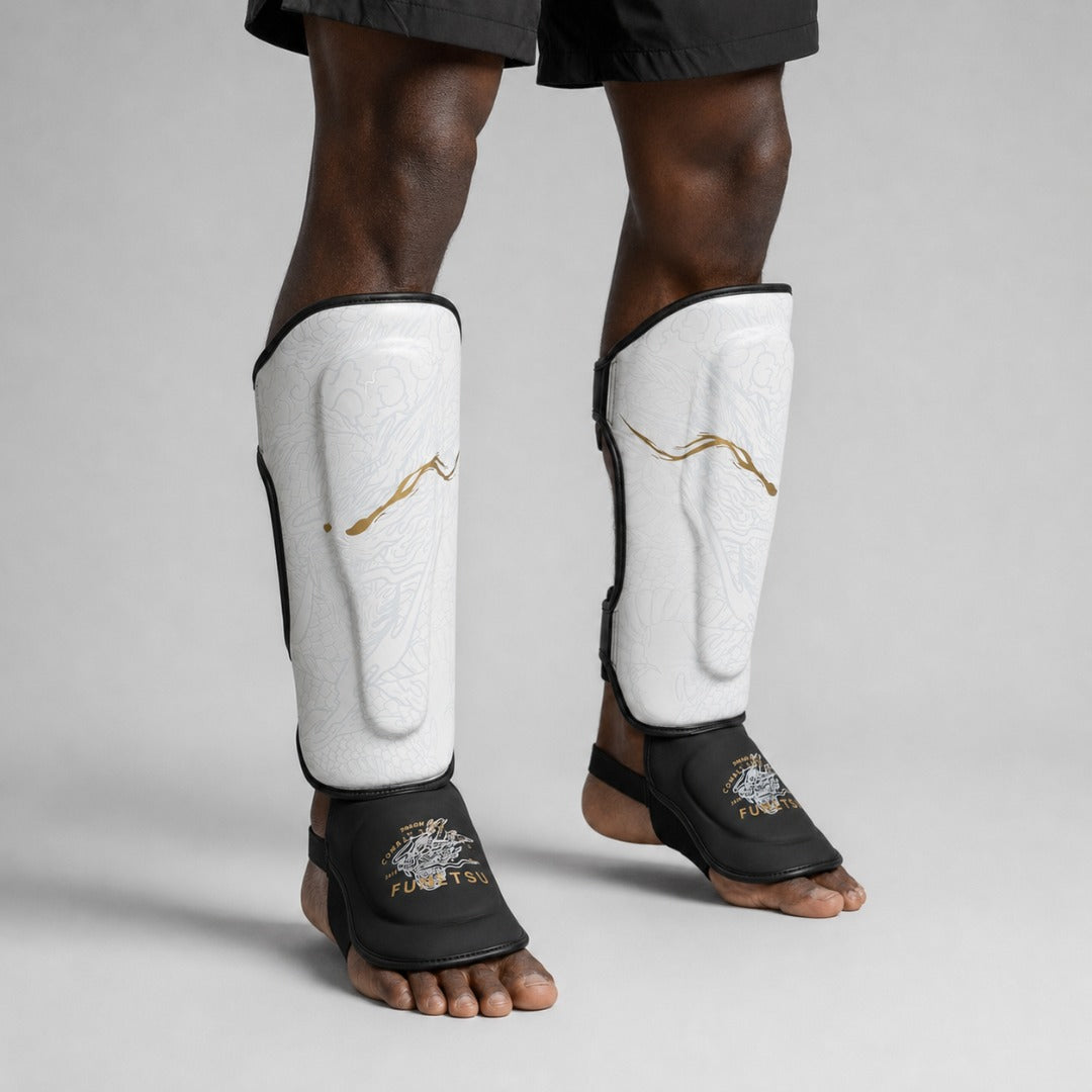 Fumetsu Dragon Slayer Shin Guards White/Black/Gold photoshoot 4