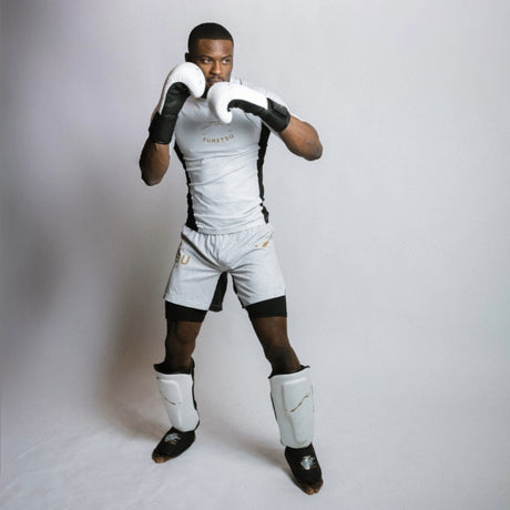 Fumetsu Dragon Slayer Shin Guards White/Black/Gold photoshoot 6