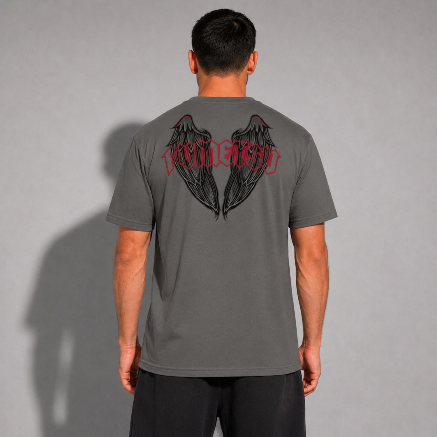 Fumetsu Inked Wings T-Shirt Charcoal/Red Lifestyle 2