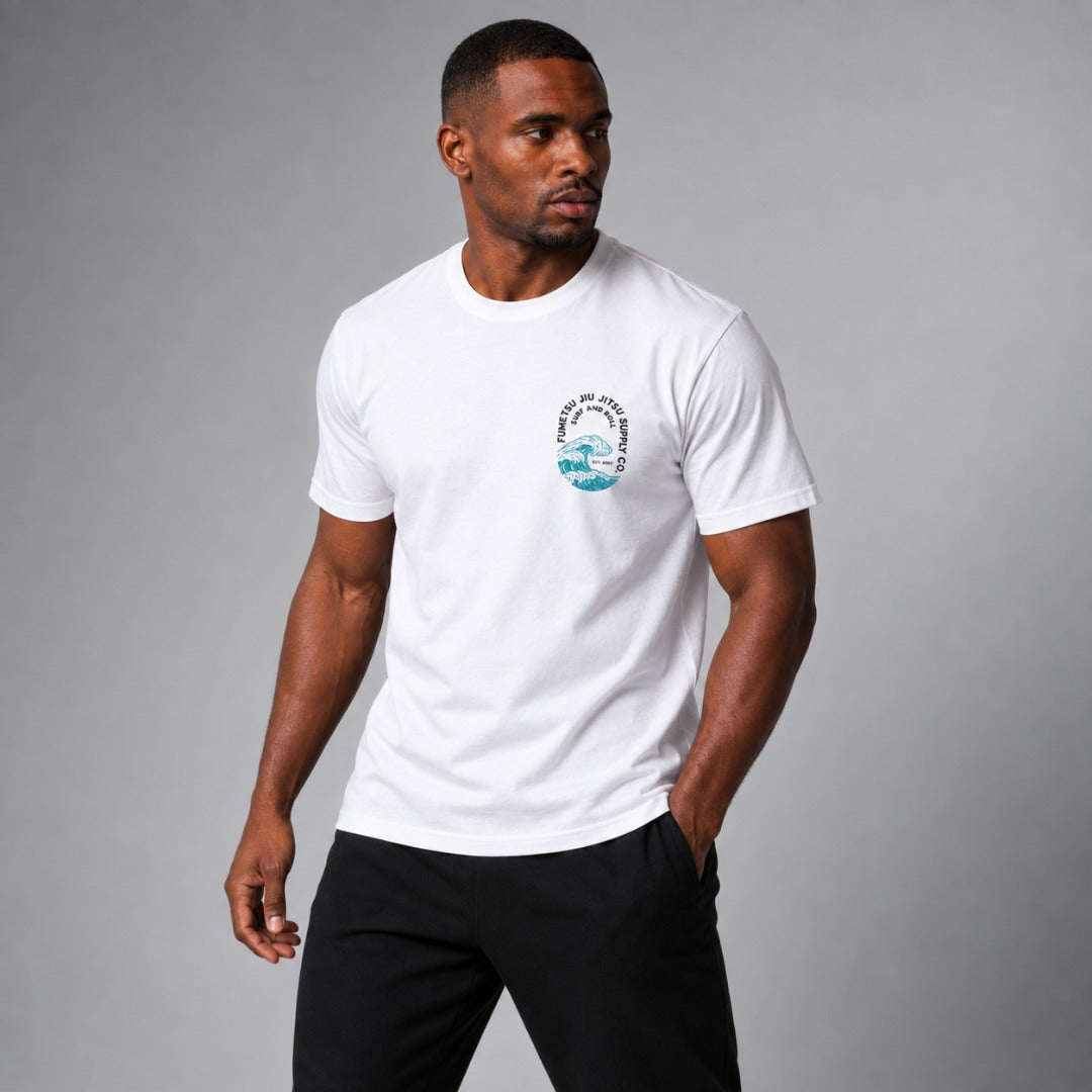 Fumetsu Surf and Roll T-Shirt White Lifestyle Front Angle