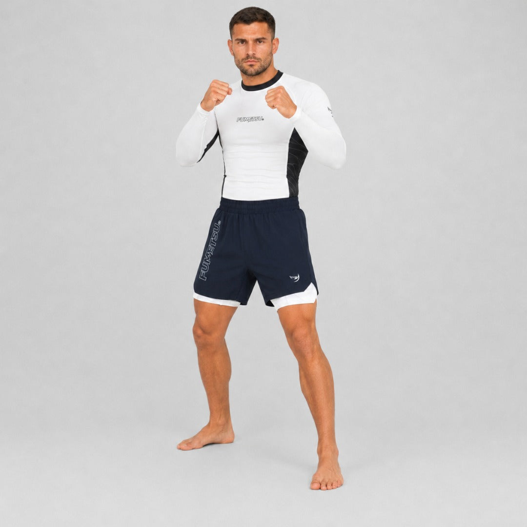 Icon Dual Layer Fight Shorts Navy/White with Rash Guard Lifestyle
