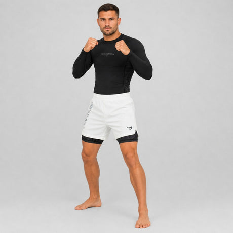 Icon Dual Layer Fight Shorts White/Black With rash guard lifestyle