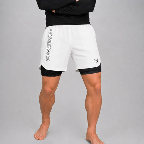 Icon Dual Layer Fight Shorts White/Black Close up Lifestyle