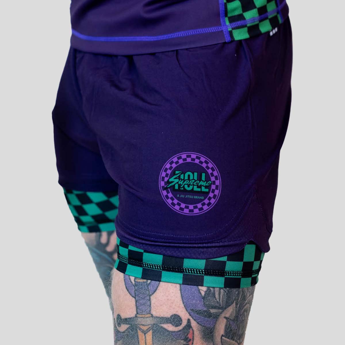 Roll Supreme The Finisher 2 in 1 Jiu Jitsu Shorts Purple/Green